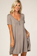 Taupe Short Sleeve Button Detail Swing Dress