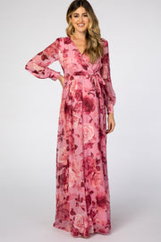 Pink Floral Chiffon Maternity Maxi Dress