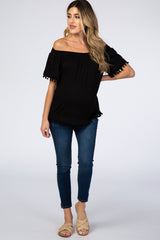 Black Off Shoulder Pom Pom Hem Maternity Top