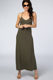 Olive Ribbed V-Neck Maxi Dress