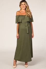 Olive Solid Off Shoulder Maternity Maxi Dress