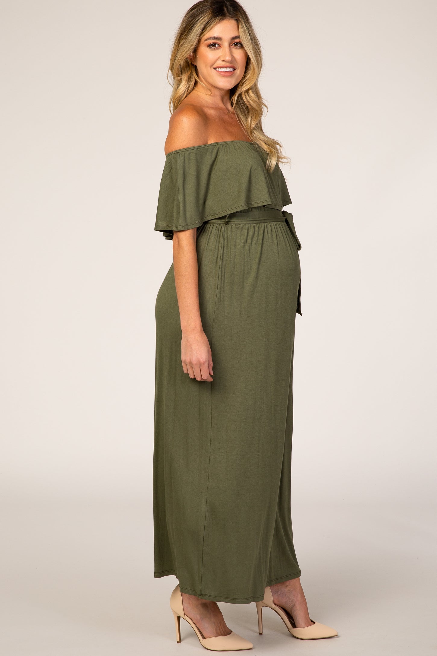 Olive Solid Off Shoulder Maternity Maxi Dress – PinkBlush