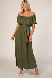 Olive Solid Off Shoulder Maxi Dress