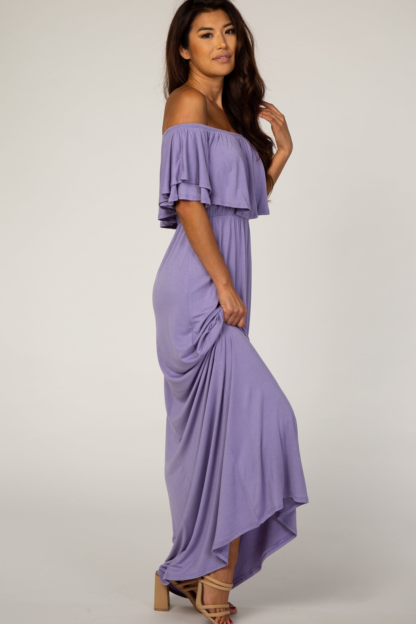 Purple Off Shoulder Ruffle Trim Maxi Dress– PinkBlush