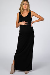 Black Sleeveless Ruched Side Slit Maternity Maxi Dress