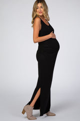 Black Sleeveless Ruched Side Slit Maternity Maxi Dress