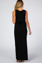 Black Sleeveless Ruched Side Slit Maternity Maxi Dress