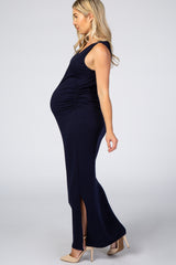 Navy Blue Sleeveless Ruched Side Slit Maternity Maxi Dress