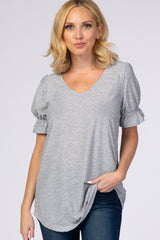 Heather Grey Textured Polka Dot Short Ruffle Sleeve V-Neck Top