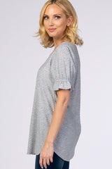 Heather Grey Textured Polka Dot Short Ruffle Sleeve V-Neck Top