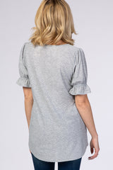 Heather Grey Textured Polka Dot Short Ruffle Sleeve V-Neck Top