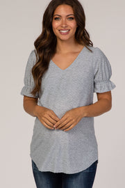 Heather Grey Textured Polka Dot Short Ruffle Sleeve V-Neck Maternity Top