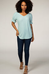 Mint Green Textured Polka Dot Short Ruffle Sleeve V-Neck Top