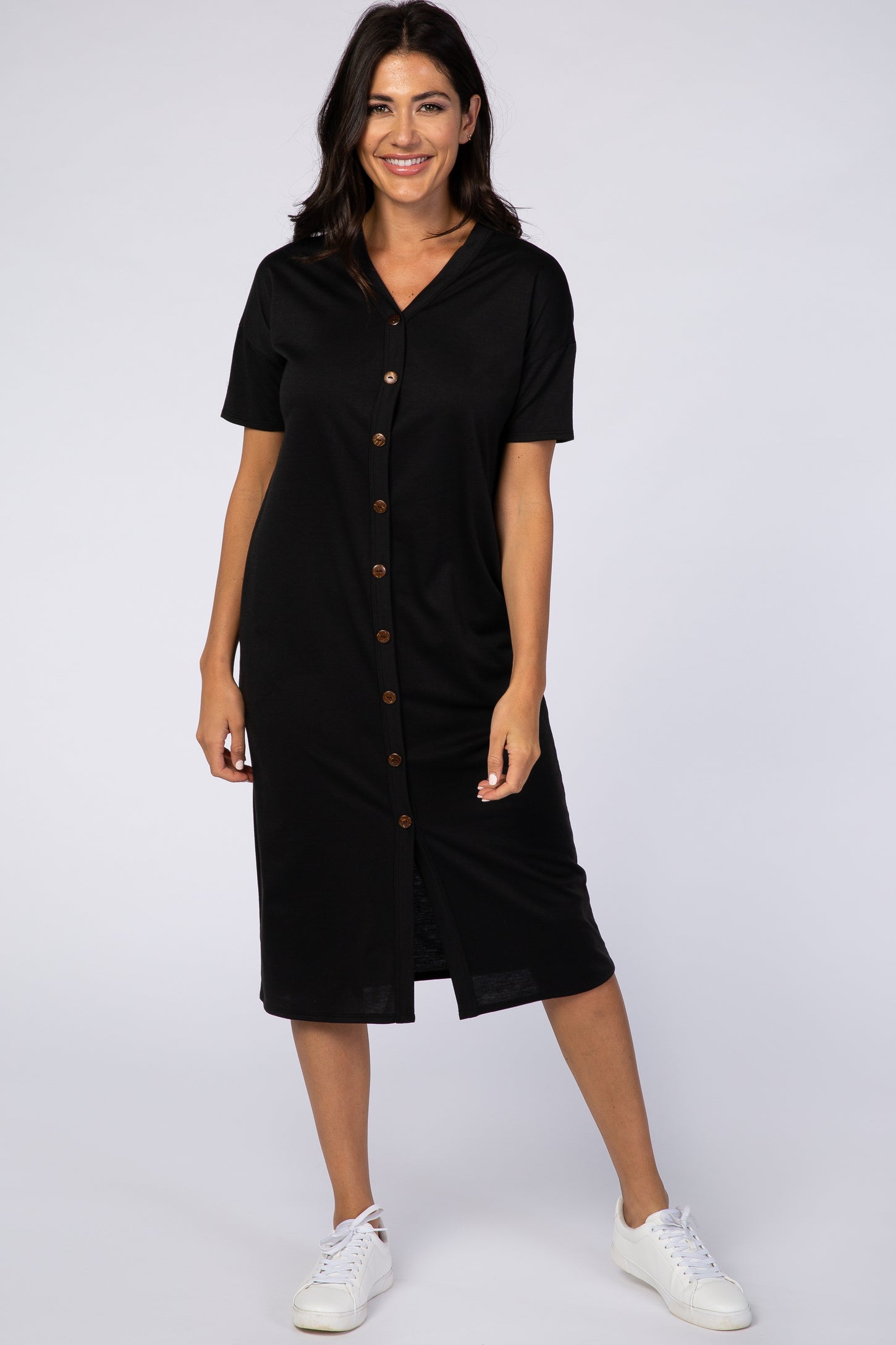 Black Short Sleeve V-Neck Button Detail Maternity Midi Dress– PinkBlush
