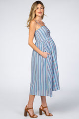 Blue Purple Striped Button Front Maternity Midi Dress