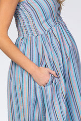 Blue Purple Striped Button Front Maternity Midi Dress