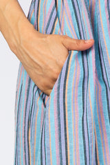 Blue Purple Striped Button Front Midi Dress