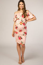 Peach Floral Print Ruffle Fitted Maternity Dress