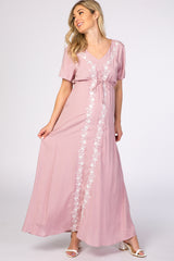 Pink Floral Embroidered Maternity Maxi Dress