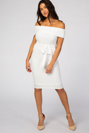 PinkBlush White Ribbed Off Shoulder Fitted Dress