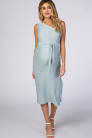 Light Blue One Shoulder Fitted Maternity Midi Dress