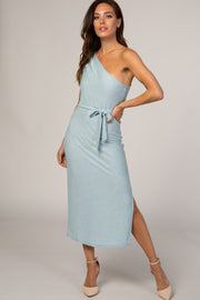 Light Blue One Shoulder Fitted Midi Dress