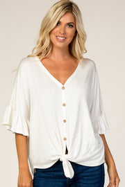 Ivory V-Neck Button Down Ruffle Sleeve Top