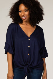 Navy Blue V-Neck Button Down Ruffle Sleeve Top