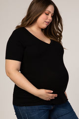 Black Short Sleeve V-Neck Basic Maternity Plus Top