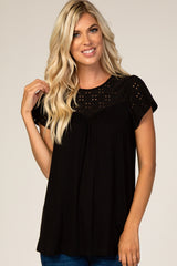 PinkBlush Black Eyelet Short Flutter Sleeve Top