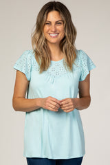 PinkBlush Light Blue Eyelet Short Flutter Sleeve Top