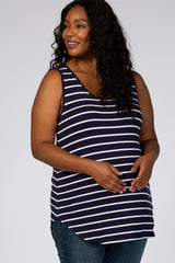 Navy Blue Striped Sleeveless Maternity Plus Top