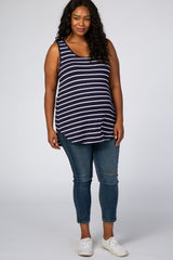 Navy Blue Striped Sleeveless Maternity Plus Top