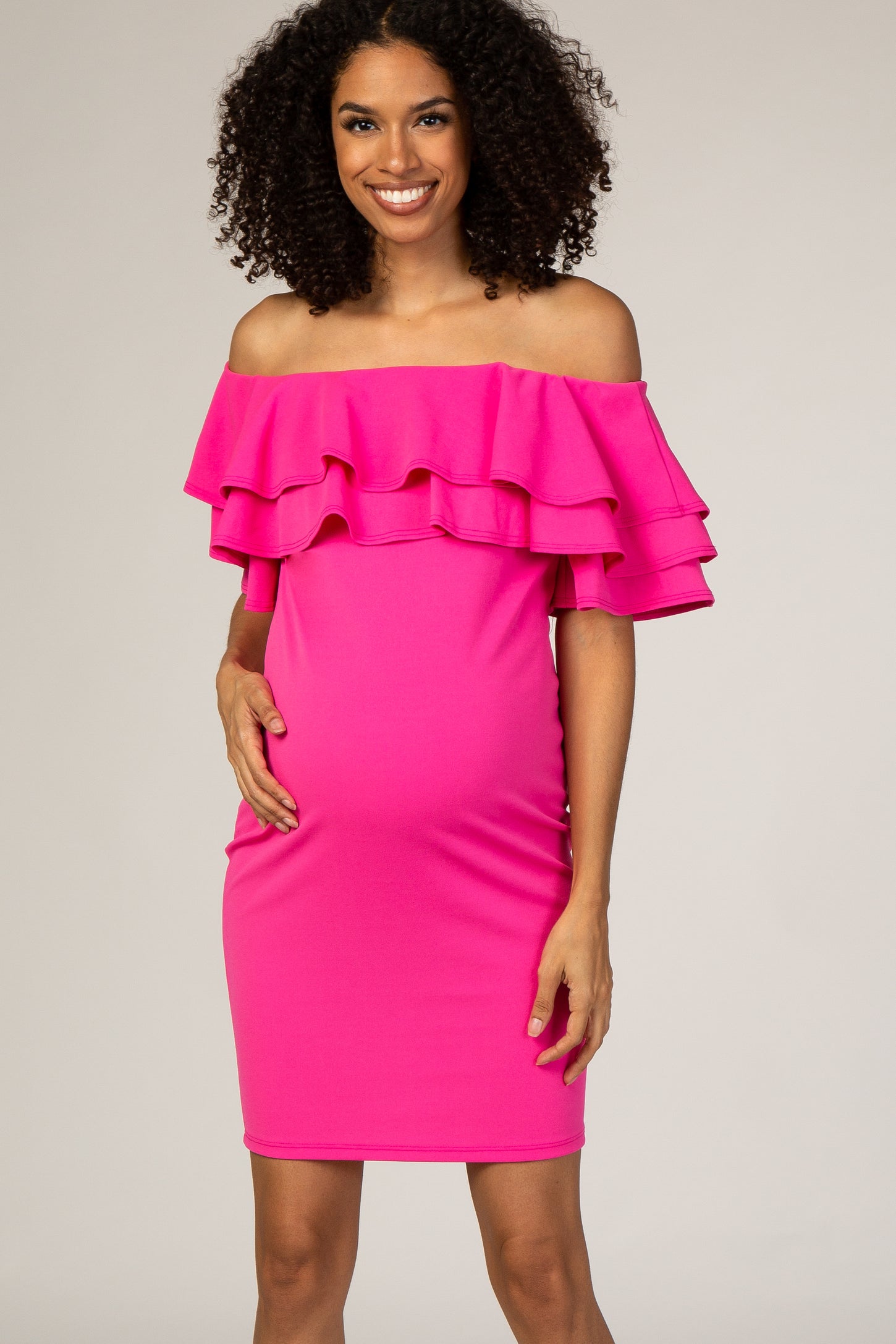Pinkblush Fuchsia Layered Ruffle Off Shoulder Fitted Maternity Dress 