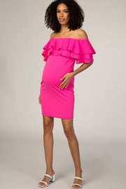 PinkBlush Fuchsia Layered Ruffle Off Shoulder Fitted Maternity Dress