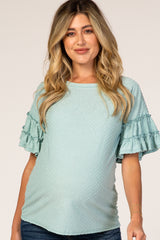 Mint Green Textured Ruffle Sleeve Maternity Blouse