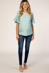 Mint Green Textured Ruffle Sleeve Maternity Blouse