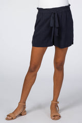 Navy Blue Tie Front Linen Maternity Shorts