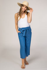 Blue Paper Bag Waist Cropped Maternity Pants