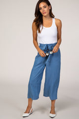 Blue Paper Bag Waist Cropped Maternity Pants