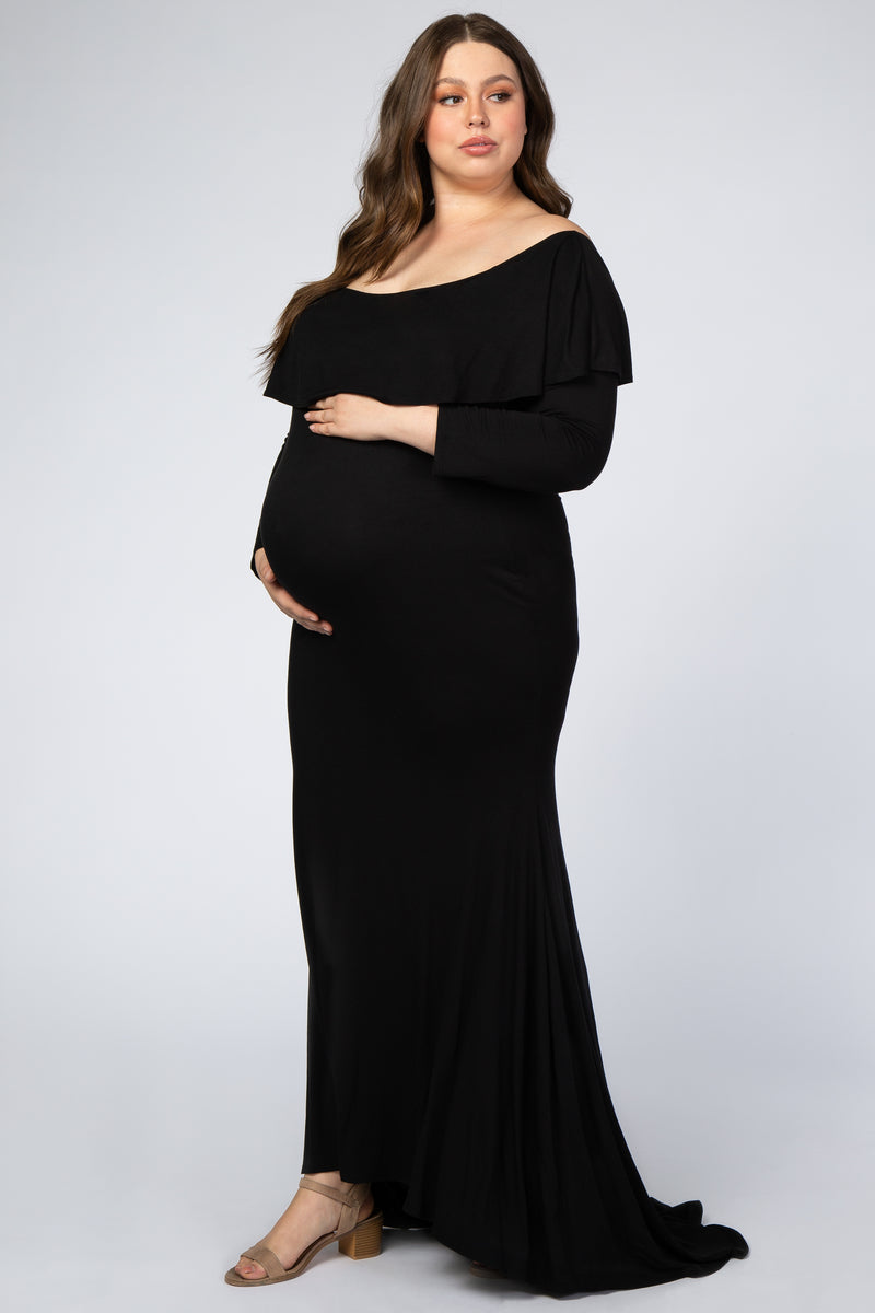 Black Off Shoulder Ruffle Maternity Plus Photoshoot Gown/Dress– PinkBlush