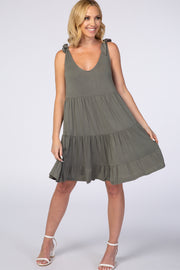 Light Olive Knotted Strap Tiered Dress