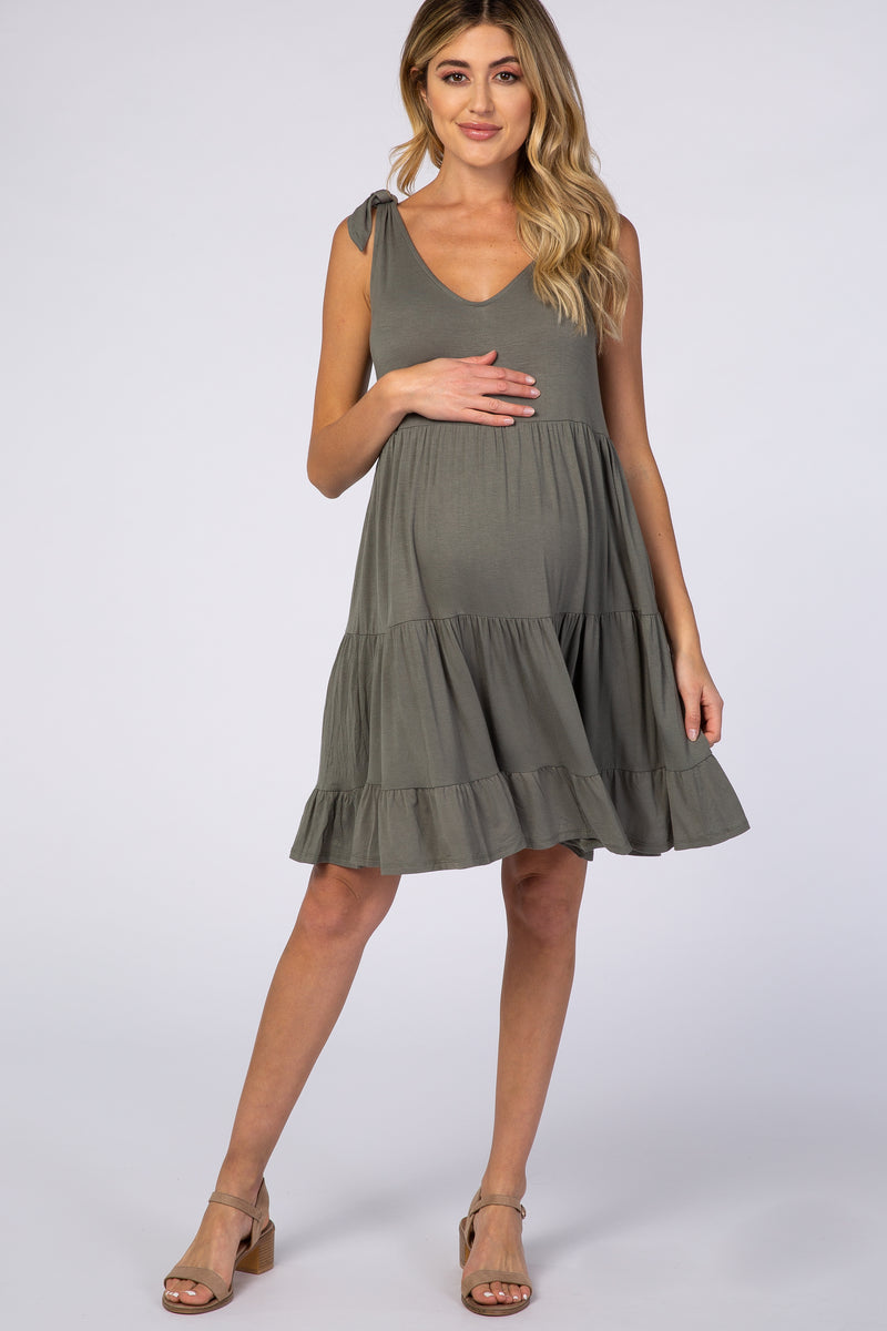 Light Olive Knotted Strap Tiered Maternity Dress– PinkBlush