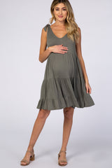 Light Olive Knotted Strap Tiered Maternity Dress