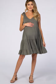 Light Olive Knotted Strap Tiered Maternity Dress