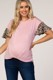 Pink Animal Sleeve Knot Front Maternity Top