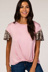 Pink Animal Sleeve Knot Front Top