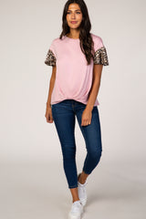 Pink Animal Sleeve Knot Front Top