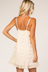 Cream Thin Strap Textured Polka Dot Ruffle Hem Dress