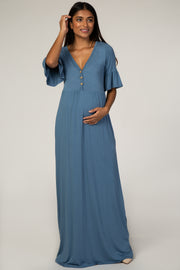 Dusty Blue Button Ruffle Sleeve Maternity Maxi Dress